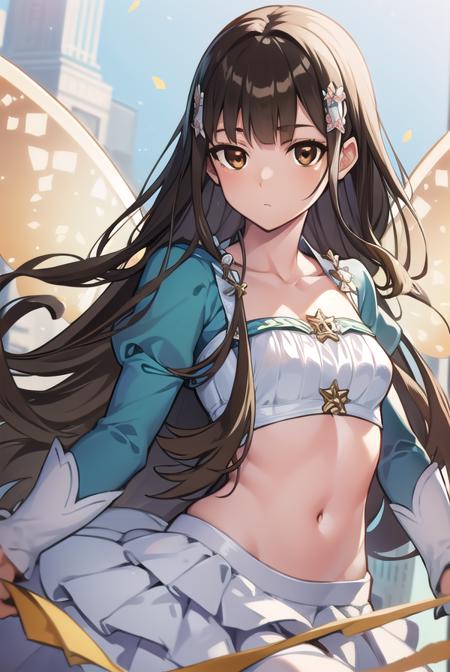 amagikoborii, <lora:amagikoboriitest:0.8>, 
koborii, (brown eyes:1.5), brown hair, long hair, hair flower, hair ornament, sidelocks, (small breast:1.2),
BREAK fairy wings, juliet sleeves, long sleeves, navel, puffy sleeves, thighhighs, white thighhighs, wings,
BREAK looking at viewer,
BREAK outdoors, city,
BREAK <lora:GoodHands-vanilla:1>, (masterpiece:1.2), best quality, high resolution, unity 8k wallpaper, (illustration:0.8), (beautiful detailed eyes:1.6), extremely detailed face, perfect lighting, extremely detailed CG, (perfect hands, perfect anatomy),