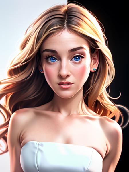 Realistic photo of a beautiful s4r4hjp woman, 1girl,solo,long hair,breasts,looking at viewer,blue eyes,blonde hair,simple background,white background,black dress,bare shoulders,(((black dress))),lips,strapless,strapless dress,realistic, soft lighting, professional Photography, Photorealistic, detailed, RAW, analog, sharp focus, 8k, HD, high quality, masterpiece<lora:s4r4hjp:1.0>