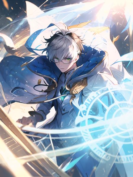 masterpiece,best quality,highres,cinematic lighting,dramatic angle,1boy,<lora:ShadowverseWilbertV6-000020:0.8>,white hair,two-tone hair,black hair,glasses,green eyes,white suit,ribbon,cape,(holding sword:1),sword,shield,(holding shield:1.1),looking at viewer,serious,dynamic angle,magic shield,magic circle,wings