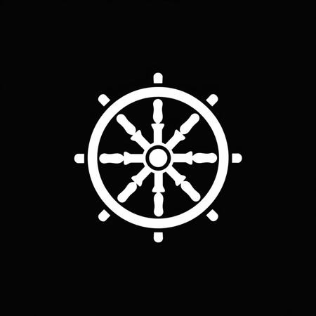 (stylized logo, emblem, vector art), (cartwheel), (solid colors, thick-linework), white outline, black background, 
cartwheel symbol white in the center, heraldic, black background, HDR, UHD,