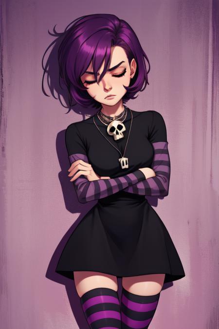 Gaz, short purple  hair, closed eyes,   standing,  crossed arms, 
GAgoth, black dress, skull necklace, striped thighhighs,striped sleeves, 
park, night, 
(insanely detailed, beautiful detailed face, masterpiece, best quality)   <lora:Gaz:0.8>