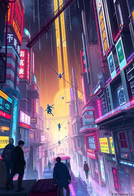 very bright colors, noir cyberpunk, people flying, people in futuristic clothing, madness, futuristic city, robots, high-tech buildings ,  buildings are covered with water cascades,  highly detailed, anime,