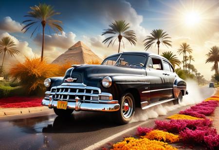 cinematic photo of 1950 Chevrolet 2-Dr Sedan, magnificent three pyramids of Giza appear clearly, charm, highly detailed car, Professional lighting, full of life, Lively and energetic, 8K, rays of sun flow beyond heavy clouds, HDR, Fast & Furious movie, motion blur, moving tires, Cinematic Shot, Cinematic Lighting, amazing world, pure perfection, Need For Speed, wide angle exterior background, wet asphalt road, autumn leaves, grass, flowers, jasmine flowers, palm trees, nebula horizon.