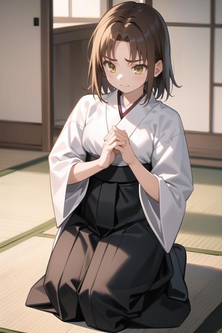 <lora:mitsuzuri-000016:1> mitsuzuri, kimono, white kimono, hakama skirt, black skirt, single glove, partially fingerless gloves, muneate,
1girl, solo, dojo, seiza, kneeling