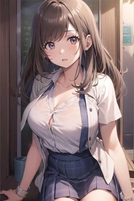 kogane tsukioka, (brown eyes:1.5), brown hair, hair tie, ponytail, bare legs, blue skirt, collarbone, collared shirt, miniskirt, shirt, short sleeves, skirt, tented shirt, tied shirt, tight clothes, tight shirt, white shirt, wing collar,