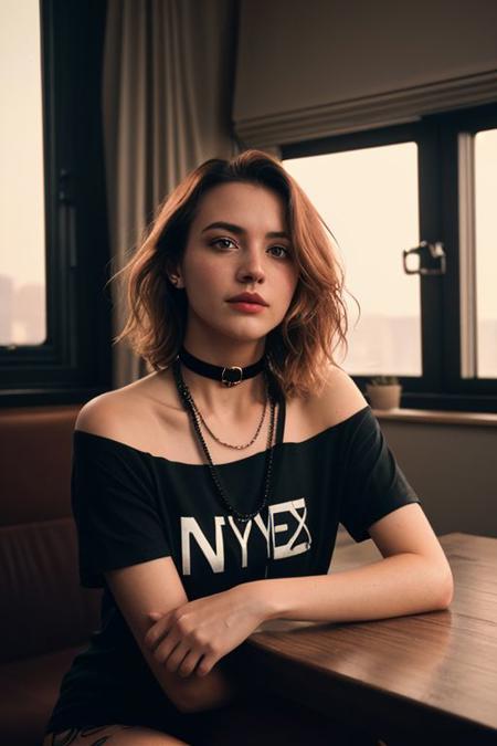 (analog photo:1.1), (a punk girl:1.15), blond short hair, (black t-shirt:1.15), (20 years old, young:1.2), petite, (pubic hair:1.1), choker, cream eyeliner, european, cozy bedroom, (neon glow, cyberpunk:1.2), waves, warm colors, (inviting expression:1.05), RAW Photograph, dslr, soft lighting, high quality, film grain, Fujifilm XT3, (nsfw:1.1), insane details, masterpiece, 8k, 35mm photograph, dslr, kodachrome, vignette, vintage, Kodachrome, Lomography, stained, highly detailed, found footage