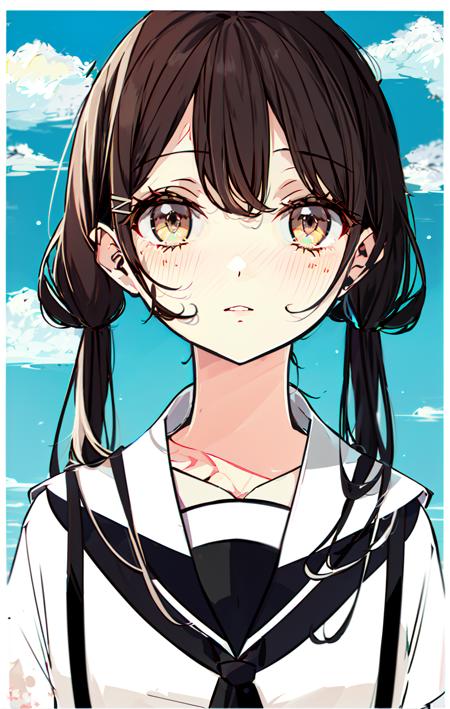 1girl, bangs, black_hair, blue_sky, blush, brown_eyes, brown_hair, cloud, cloudy_sky, day, face, hair_ornament, long_hair, looking_at_viewer, low_twintails, parted_lips, portrait, red_headwear, sailor_collar, shirt, short_twintails, sky, solo, striped, twintails, upper_body, <lora:style_Akakura:1>