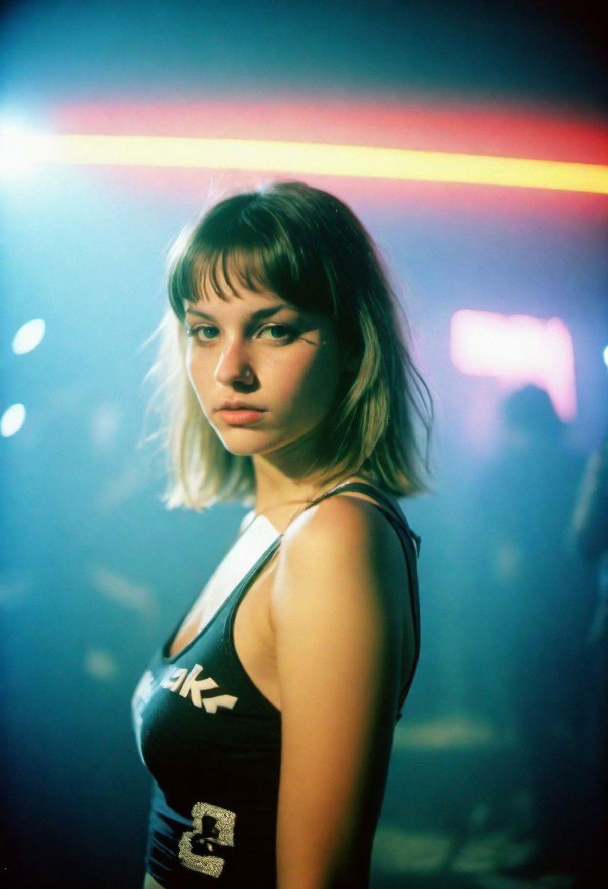 russian techno girl in the 80s, indoor rave in moscow, medium body shot from back, color light, kodak ektar e100 analog fi...