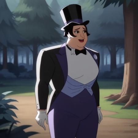 1girl, solo, oswaldacobblepot, black hair, short hair, black eyes, top hat, white shirt, black suit, bowtie, blue pants, white gloves, black heels