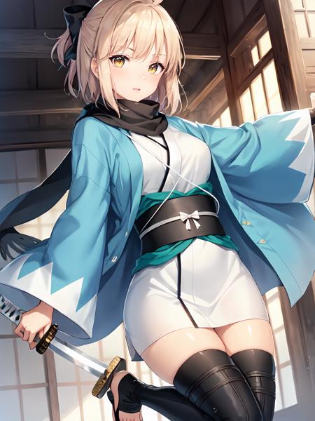 (extremely detailed CG), (best quality), perfect face, shiny skin, lustrous skin,wide hips,   1girl,solo ,  <lora:OkitaSouji-10:0.8> OkitaSouji,arm guards,wide sleeves,toeless legwear,bangs,obi, white kimono, shinsengumi, black thighighs, yellow eyes,thighhighs , short kimono, haori, black bow, black scarf, short hair, ahoge, scarf, blonde hair, hairbow,bow, kimono,japanese clothes,