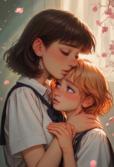 score_9, score_8_up, score_7_up, score_6_up, rating_safe, anime-style, soft shading, (romantic atmosphere:1.3), (warm lighting:1.2), (detailed background:1.2), 2girls, yuri, affectionate pose, (taller, athletic girl:1.3), (shorter, petite girl:1.3), long wavy hair, short bob hair, (blushing:1.2), school uniforms, (soft hands touching:1.4), (gentle smiles:1.3), cherry blossoms, sunset glow, (warm breeze:1.2), caresses her cheek, reddened cheek, open eyes, slightly open mouth, soft focus, dreamy aesthetic, partially underwater shot, Expressiveh, g0thicPXL,