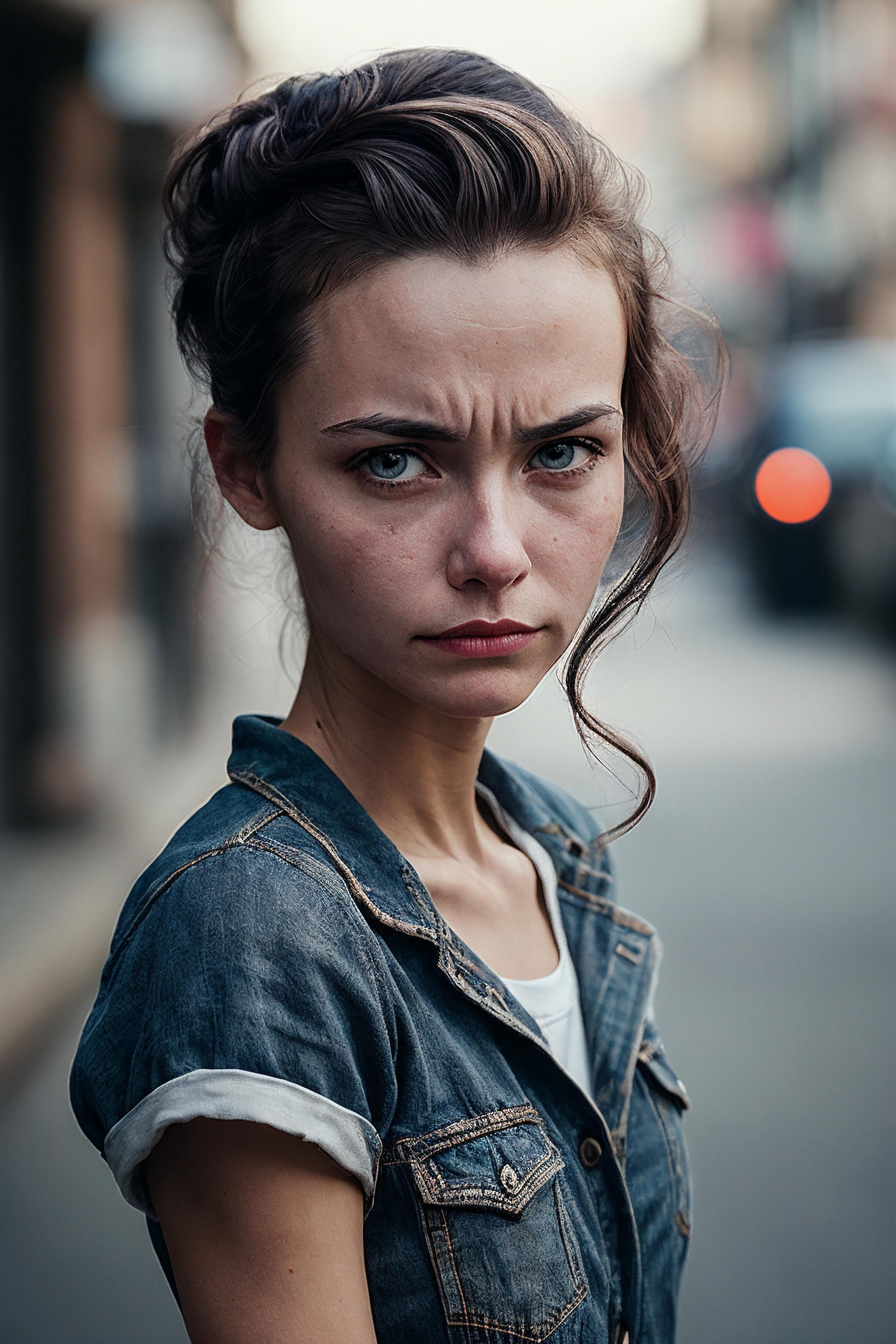 A Woman with Blue Eyes and Blue Jacket Staring at the Camera.