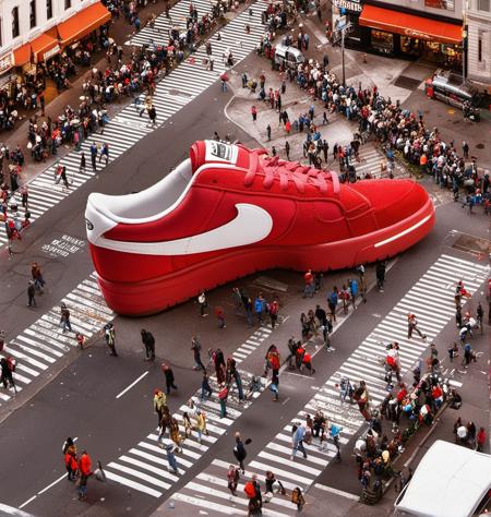 AI shoes, scenery, multiple girls, tree, outdoors, a large red shoe is on a street corner with people walking around it and a crowd of people walking around it, building, house