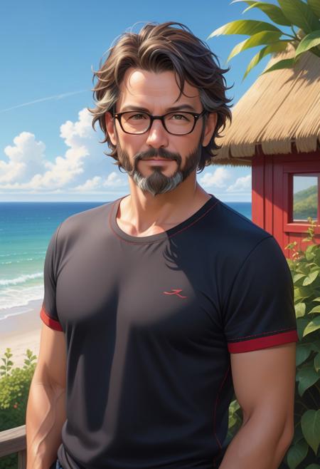 A realistic outdoor portrait of a middle-aged man with short, slightly wavy dark hair and a full salt-and-pepper beard. He is wearing a black athletic shirt with red stitching details, standing near a seaside location. The background features a vivid blue sky with soft clouds, lush green shrubs, and a thatched-roof structure, with a calm sea extending to the horizon. The lighting is bright, typical of a sunny day, with sharp contrasts highlighting the man's facial features and glasses. The mood is tranquil yet reflective, emphasizing the natural beauty of the environment and the man’s casual demeanor.