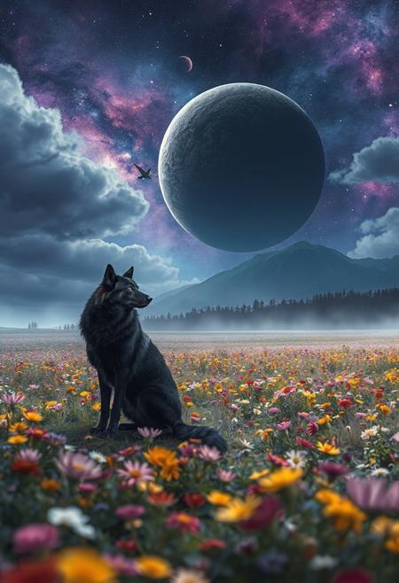 Positive Prompt:
masterpiece, best quality, ultra-detailed, cinematic, ethereal atmosphere, fantasy landscape, lone black wolf sitting in a colorful field of wildflowers at night, vibrant but soft flower meadow, vast open landscape, dreamy lighting, soft mist, glowing dark planet in a deep indigo and purple cosmic sky, swirling nebula clouds, stars scattered across the sky, majestic distant mountain, dark pine forest on the horizon, magical and mysterious mood, highly detailed, vibrant yet muted color tones, wide angle view, soft fantasy style, gentle illumination. 
Negative Prompt:
flamingo, bird, daytime, bright sunlight, cartoon, anime style, lowres, bad anatomy, blurry, overexposed, ugly, bad hands, bad paws, poor composition, extra limbs, low quality, grainy, saturated colors, text, watermark