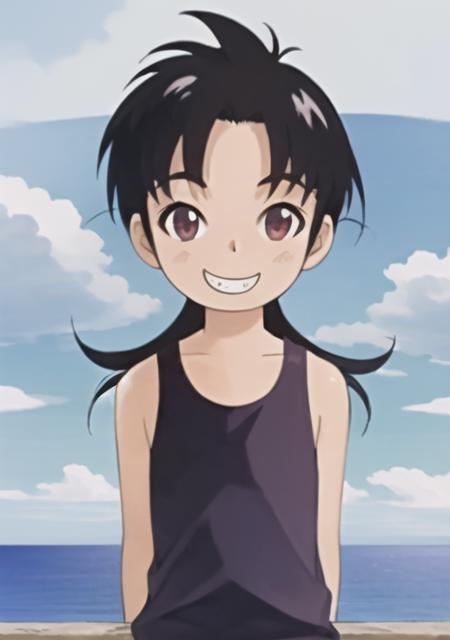 <lora:MatsukiMakki-08:0.7> MatsukiMakki, 1girl, solo, long hair, looking at viewer, smile, 1boy, upper body, male focus, outdoors, sky, day, cloud, water, grin, black eyes, blue sky, ocean, tank top, child