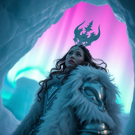 65 mm IMAX film scan from ARRI Alexa 65 with Signature Prime 50 mm: [Ursine queen-deity emerges from crystalline ice cave beneath undulating aurora], [emerald-violet curtains of light ripple across sky, reflecting on silver armor and icy fur], creating [cinematic lens flares and gentle snowfall bokeh]. Wide-angle, slow shutter 1/2 s for aurora trails, ISO 800.