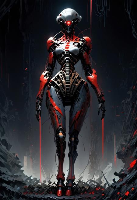 score_9, score_8_up, score_7_up,source_anime, high res image,masterpiece,best quality,ExpresHGothicNeonIncase, 1girl, female ((skeleton)) centaur, death from thr four hose men, *black * horse body,red neon lines, red two eyes, hooves, ((four legs)) , partial mech body(flesh) , mcnm, noface robot ponyxl, BREAK, background empty deserted city turned into mechanical jungle, cyberpunk, Mechanical world
