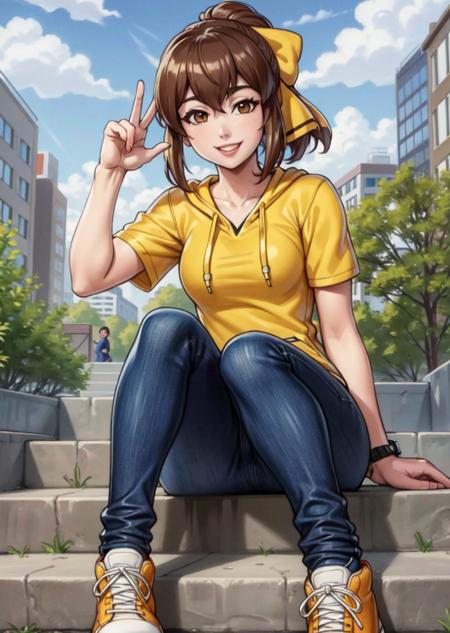 masterpiece, best quality, delthea, hair bow, brown hooded sweatshirt, jeans, sitting, city, stairs, sneakers, smile <lora:delthea-nvwls-v4-000012:0.8>