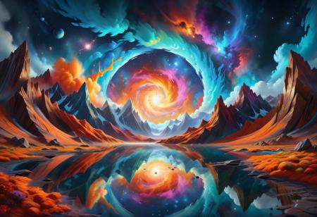 "Imagine a highly detailed, oil painting-style artwork of a surreal, cosmic landscape. In the foreground, a lone figure stands on the shore of a reflective, glass-like lake under a tumultuous sky. The sky is a whirlpool of fiery orange, rich golds, and deep teal blues, suggesting a portal or galaxy opening above. The scene is lit with a dynamic interplay of light and shadow, adding a three-dimensional quality to the swirling celestial event and the reflective water. The textures are thick and expressive, characteristic of oil paint, with visible brushstrokes that give life and movement to the composition. The landscape is alien, with dark, jagged terrain that fades into the cosmic display, and the atmosphere is one of awe and otherworldly beauty. Ultra High Definition 64K, Detailed and Intricate, Digital Art, Photo, Realistic, Cinematic, Studio Lighting, Beautiful Lighting, landscape view