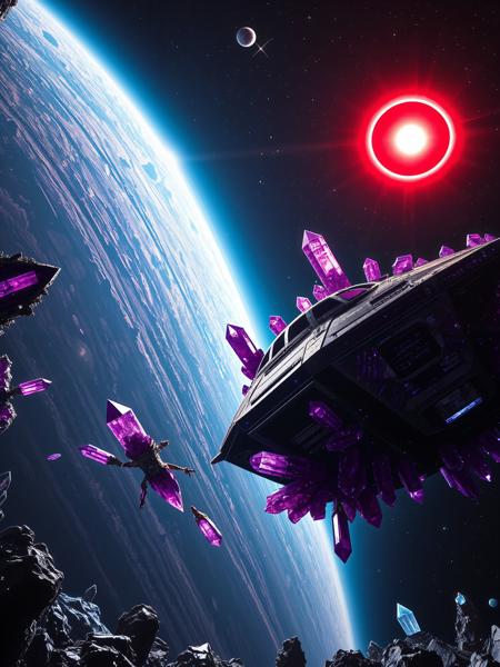 sparkling amethyst crystals, 
In the depths of space an ancient spaceship drifts into view in  a low angle image. The spaceship has seen better days. A sparkling amethyst crystal  planet can be seen in the distance with a red dwarf sun rising, creating a halo effect