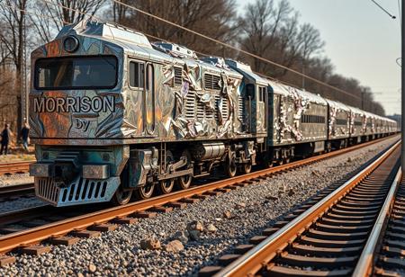 “A train made entirely of bismuth, with an iridescent, multicolored exterior and an asymmetrical, crystalline texture, travels along a railway. The lead car of the train bears the inscription ‘MORRISON’ in bold, stylized letters, integrated into its metallic surface. Following closely behind is another car with the inscription ‘by Max,’ also crafted from bismuth and shimmering with vibrant colors. The surreal train, captured in stunning detail through Panavision Prime Aspherical cinema lenses, moves along the tracks with a mesmerizing display of colors and textures, as if the mineral itself has come to life in the form of a locomotive.”