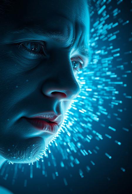 A surreal close-up of a human face melting into static distortion, as if reality itself is unraveling. The skin appears to dissolve into glitching fragments, shifting between human texture and digital noise. Facial features stretch and distort, blending into a chaotic flow of pixelated interference and television static. The lighting is stark and cinematic, with a cool blue and harsh white glow illuminating the face, enhancing the eerie atmosphere. The background fades into a dark void filled with faint, ghostly static patterns. The expression on the melting face is one of confusion and anguish, eyes partially fragmented into glowing pixels. The scene is captured with a shallow depth of field, emphasizing the melting transition, while faint holographic scan lines and fragmented binary code hover in the air, adding to the feeling of digital corruption and existential horror. High detail, photorealistic textures combined with surreal glitch art aesthetics, cinematic lighting, ultra-sharp focus, 8K resolution, hyper-detailed skin, and a dramatic cyberpunk-inspired color palette.
