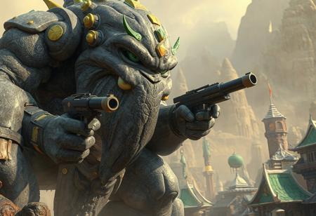 "Immerse yourself in the epic scene of a colossal Gorgonic Golem standing guard in an ancient city. This 4K, hyper-realistic artwork showcases the Golem's detailed face, adorned with green and yellow accents, and equipped with two guns. The city's buildings, including a green one with a white roof, contrast the gray surface, enhancing the playful setting. The Golem's dynamic action pose, vivid emotions, and captivating lighting bring this cinematic masterpiece to life, making it perfect for CGSociety or Artstation's trending page. Experience the intricate detail and photorealistic quality with dynamic lighting and coherent artwork."
