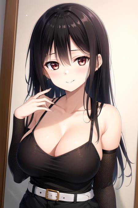 ((masterpiece)),(best quality),official art,extremely detailed CG,unity 8k wallpaper,ultra detailed,beautiful detailed eyes,extremely detailed face,1girl,solo,upper body,(portrait:1.5),looking at viewer,facing viewer,smile,standing,Hikami Ayame(unoneno),very long hair,black hair,straight hair,hair between eyes,bangs,red eyes,taut shirt,fishnet shirt,long sleeves,large breasts,white belt,taut shorts,short shorts,black shorts,black pantyhose,pantyhose under shorts,loafers,<lora:Hikami Ayame(unoneno):0.9>,