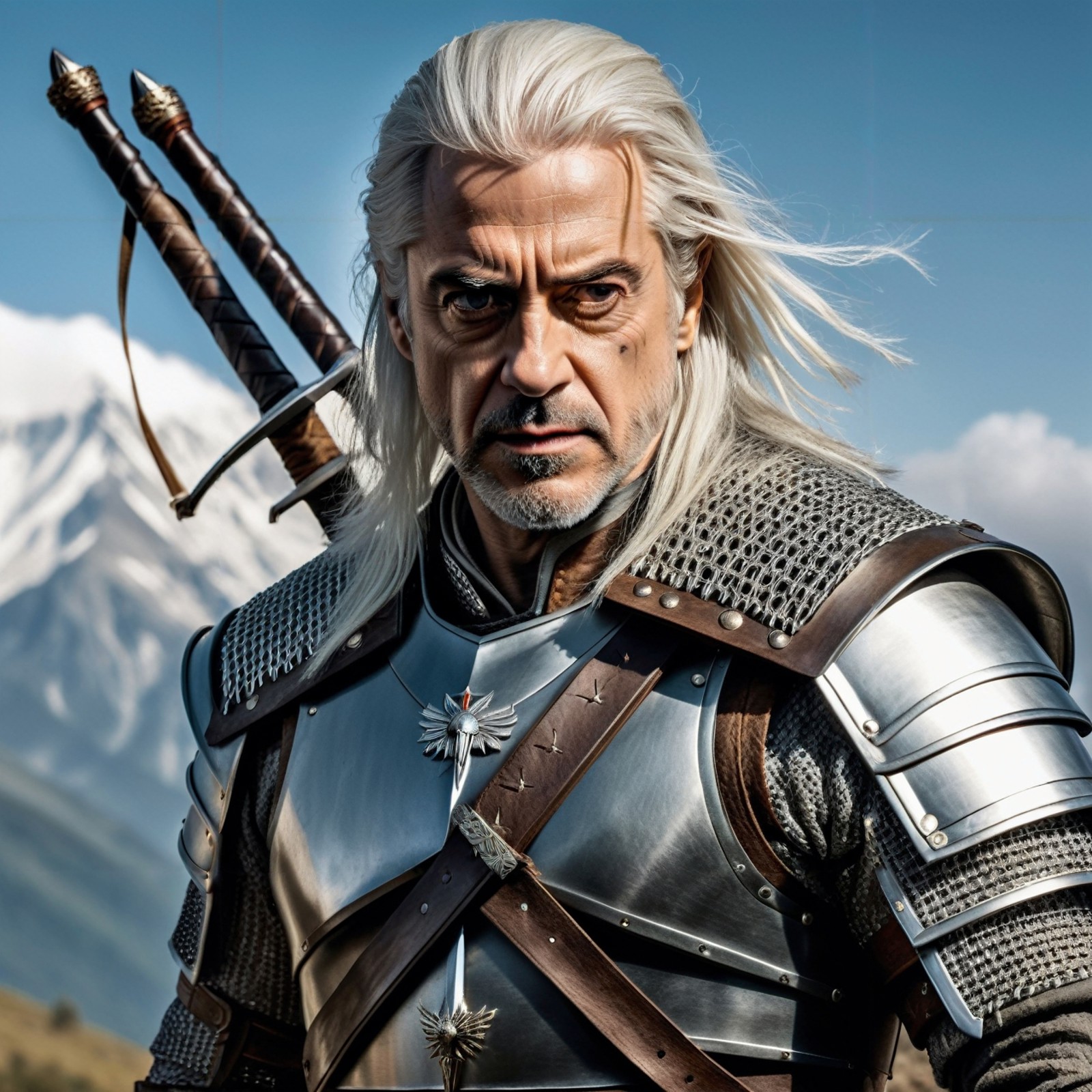Epic Game Poster, (Robert Downey Jr.:1.1) as (Geralt of Rivia the Witcher) standing in combat pose, (long silver haircut:1...