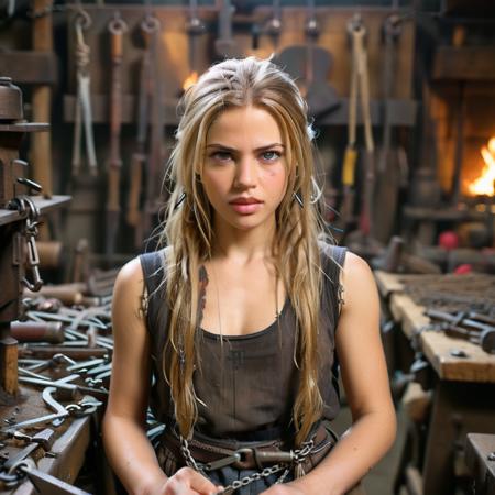 highly detailed analog photo of weaponsmith:1.2, 

1girl, solo, long hair, cluttered workbench, hanging weapons, forge, workbench, blonde hair, brown hair, lips, blurry, blurry background, realistic:1.3, ((cute face)), ((ropes)), ((chains)), 

blurry background, realistic:1.3


masterpiece, best quality:1.1, 


(analogue photography:1.2),



