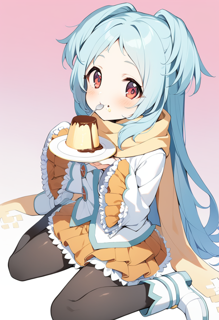 1girl, miyako \(princess connect!\), very long hair, blue hair, two side up, parted bangs, red eyes, eyebrows visible through hair, white jacket, white shirt, wide sleeves, long sleeves, sleeves past wrists, sleeves past fingers, frilled sleeves, brown scarf, yellow scarf, pleated skirt, orange skirt, yellow skirt, frilled skirt, layered skirt, miniskirt
pantyhose, black legwear, boots, white footwear, spoon, eating, food on face, holding spoon, pudding, holding saucer, sitting, wariza, looking at viewer, simple background white background, pink background, gradient background, masterpiece, best quality <lora:miyako_princess_connect_sdxl_v1:0.7>