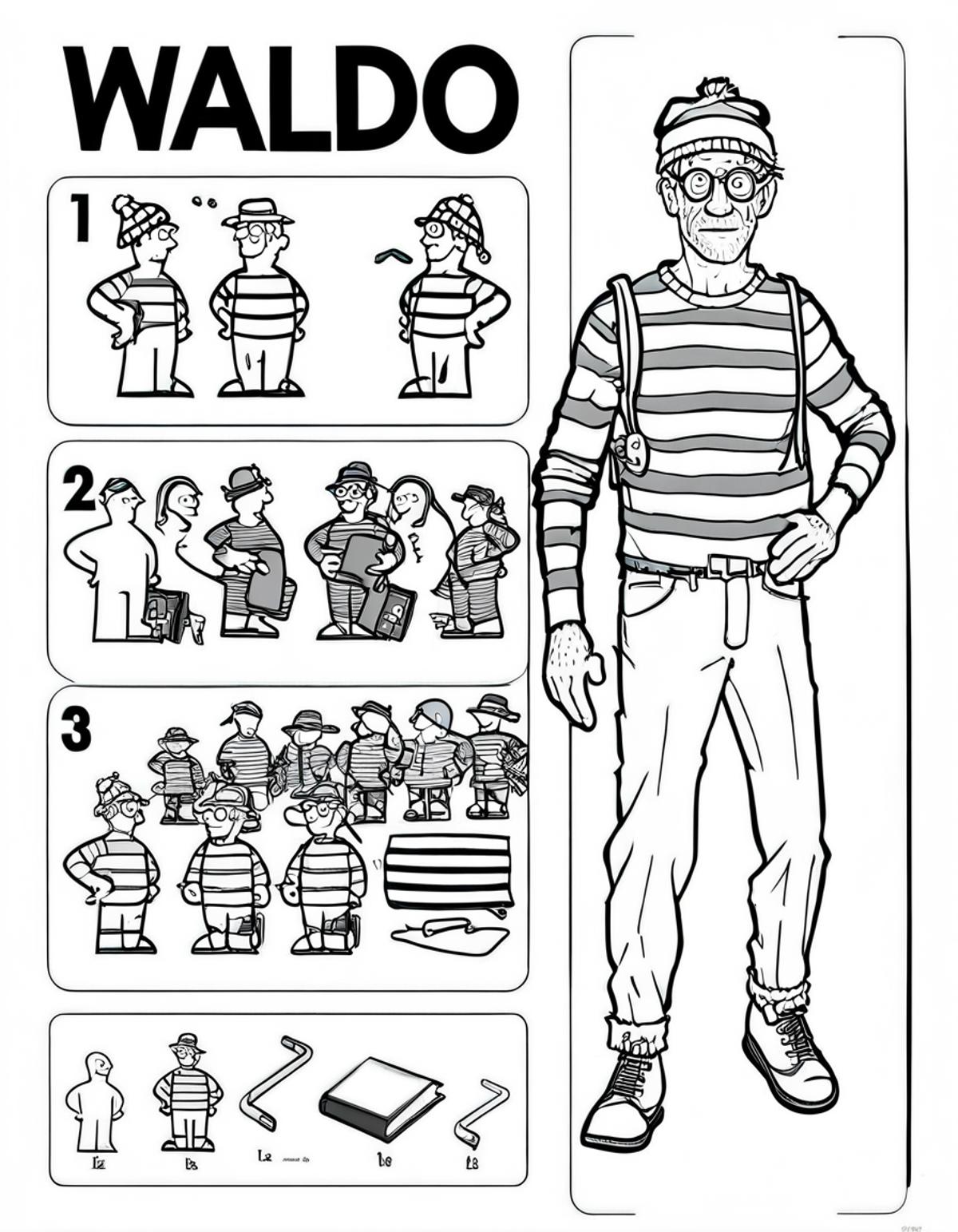 A colorful comic strip of Waldo standing in front of other cartoon characters.