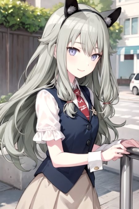 <lora:NotKyo-08:0.7> , nene, 1girl, solo, long hair, looking at viewer, smile, skirt,  shirt, animal ears, hair between eyes, purple eyes, white shirt, short sleeves, sidelocks, hairband, frills, green hair, necktie, puffy sleeves, collared shirt, vest, puffy short sleeves, wrist cuffs, fake animal ears, red skirt, black hairband,low-tied long hair, skirt hold