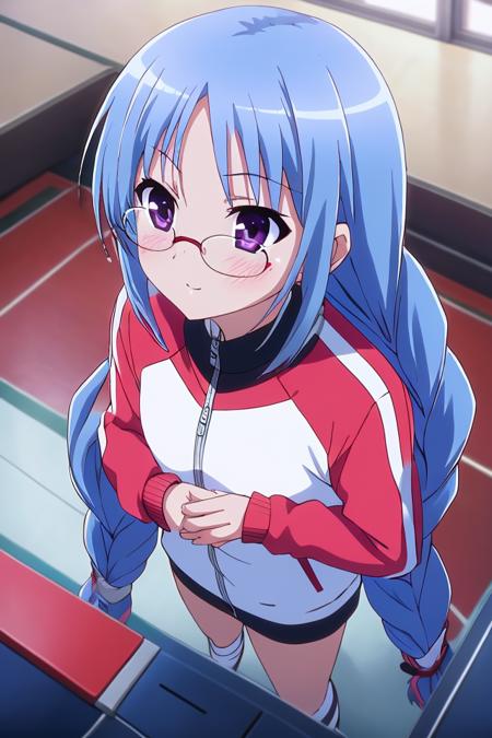 masterpiece, best quality, absurdres, ultra-detailed, indoors, <lyco:ro_kyu_bu_v6-000080:0.6>, nagatsuka saki, 1girl, solo, long hair, blush, glasses, twin braids, track jacket, from above, looking up