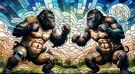 masterpiece, best quality, (A gorilla fights with a robot gorilla :1.2),full body,stained glass painting, blh,8K,HD, <lora:Glass paintingV1-000016:0.9>,