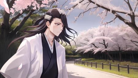 1boy,  <lora:cz_byakuyav2-000002:0.7>, upper body, expressionless, japanese clothes, long hair, solo, cherry blossoms,