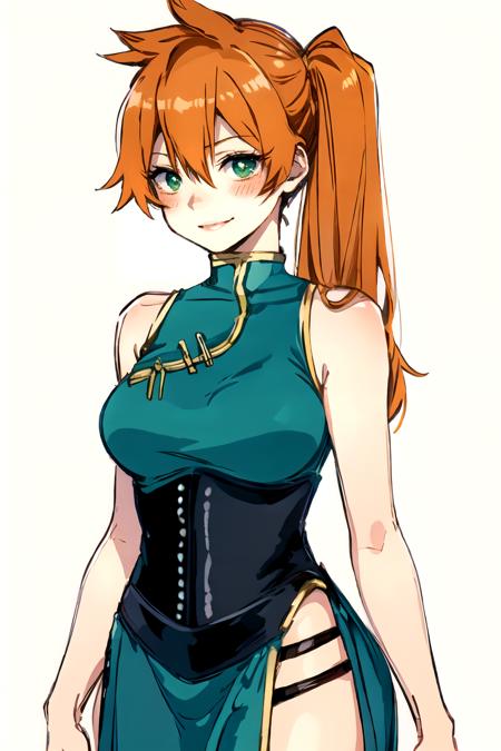 kendou itsuka,  large breasts, bare shoulders, white background, green eyes, chinese clothes, dress,  sleeveless, china dress, hair between eyes, 1girl, green dress, orange hair, sleeveless dress,side ponytail, blush, pelvic curtain,  long hair, simple background, cowboy shot, solo,smile, parted lips <lora:kendou_itsuka:1>