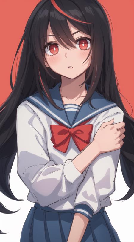 best quality,llustration,nia teppelin, 1girl, solo, parted lips, black hair, multicolored hair, long hair, bangs, hair between eyes, eyebrows visible through hair, bright pupils, looking at viewer, white shirt, serafuku, red bow, red bowtie, blue sailor collar, sailor collar, bowtie, long sleeves, blue skirt, pleated skirt, simple background