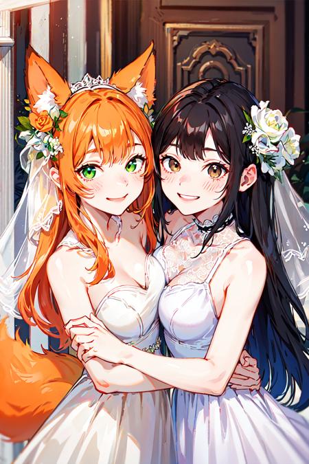 wedding <lyco:GoodHands-beta2:1> BREAK
1girl, fox ears, orange hair, green eyes, smile, wedding dress BREAK
1girl, black hair, brown eyes, smile, wedding dress