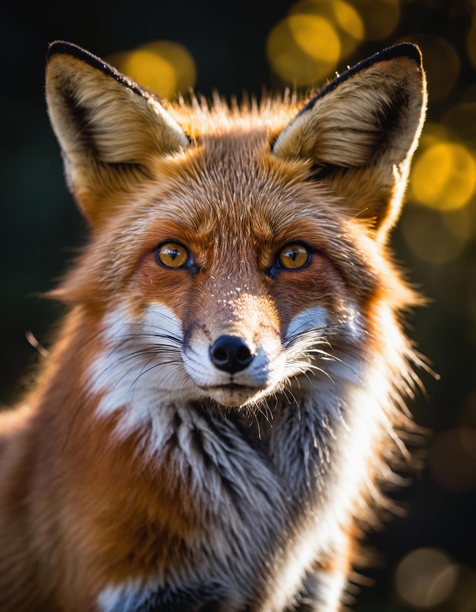 The close-up of a fox with yellow eyes looking straight ahead.