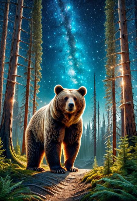 CosmicStyle,space,fantasy,Shimmering stars,animal, bear,full view,masterpiece, best quality, amazing quality, aesthetic,outdoor,trees,fantasy,forest