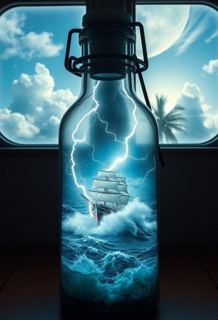 A ship in a rough storm surrounded by lightning inside of a bottle laying in its side. The bottle is in the cabin of a ship and the weather outside the windows is bright and sunny tropical weather