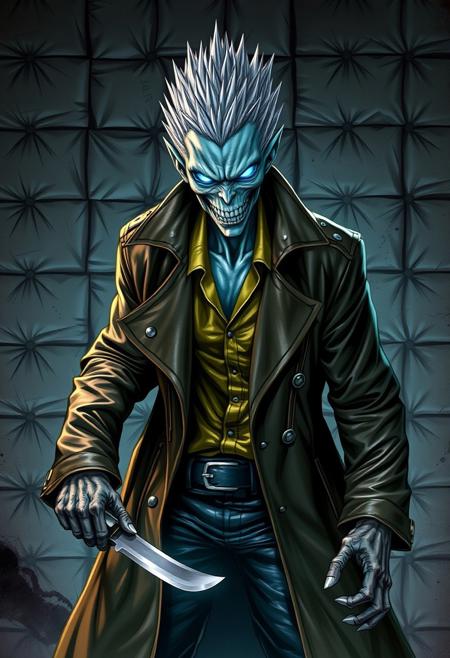undead humanoid, glowing blue eyes, spiked silver hair, leather trench coat, gold shirt, black leather pants, holding knife, horror character, padded wall background, dramatic lighting, supernatural, dark fantasy, menacing expression, intricate detail, complex composition, bold color palette, large-scale action, expressive characters, grand setting, epic stakes, group dynamics, detailed line work