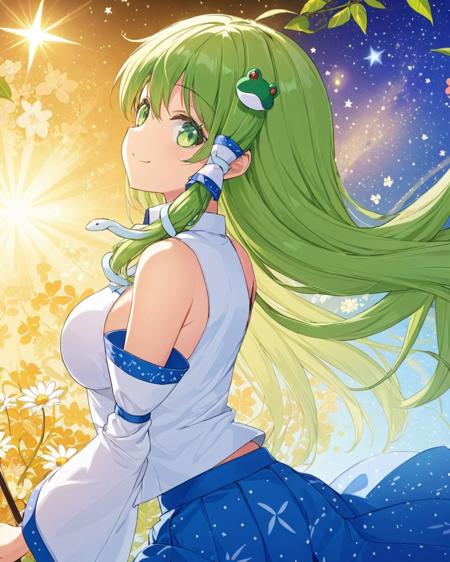 kochiya sanae,1girl, solo, detached_sleeves, frog_hair_ornament, wide_sleeves, snake_hair_ornament, hair_tubes, gohei, smile, looking_at_viewer, shirt, from_side, blue_skirt, floral_background, backlighting, long_sleeves, bare_shoulders, breasts, flower, holding
<lora:kochiya_sanae_image8584_2023-12-17:1>,star-shaped_pupils,symbol-shaped_pupils,. gorgeous,key visual, vibrant, studio anime,award-winning, professional, highly detailed,high budget, cinemascope