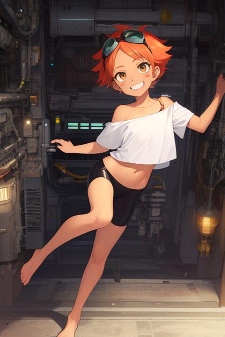 Edward,  tan skin, tomboy, midriff, orange hair, (white loose shirt), off shoulder, spiked hair, barefoot, bike shorts, brown eyes, goggles on head, blush stickers, grin, balancing on one leg,  full body, 
space station, engine room, 
 (insanely detailed, beautiful detailed face, masterpiece, best quality)  volumetric lighting, best quality, masterpiece, intricate details, tonemapping, sharp focus, hyper detailed <lora:Edward-06:0.8>