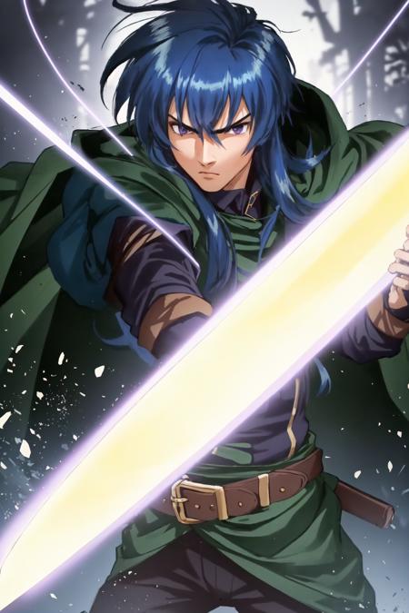 DiasFlac  green cape, purple shirt, armor, blue hair, long hair