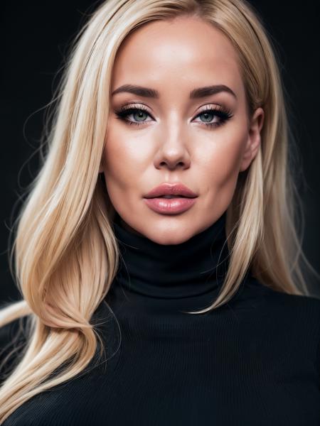 closeup headshot, RAW photo of a sexy blonde woman, savbond, simple background, (wearing a turtleneck jumper:1.2) , 150mm professional photography, full detail, detailed face, 8k uhd, dslr, soft lighting, high quality, film grain, Fujifilm XT3, dark theme  <lora:LowRA:0.3>