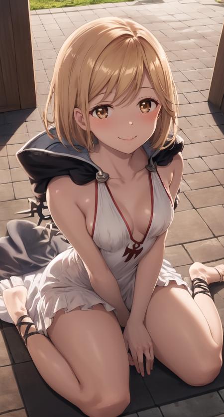 masterpiece, best quality, absurdres, illustration, 8k, perfect shadows, blush, skindentation,  hdr, ambiente lighting, cowboy shot, (shiny skin:1.2) perfect eyes, perfect face, (cute:1.1), eyelashes, lineart
Assassin, 1girl, solo, djeeta (granblue fantasy), light smile, dress, barefoot, brown eyes, sleeveless, cross-laced footwear, hands on chest, hood, sitting, slit skirt, thighs, upper body, from above, wariza
outdoors