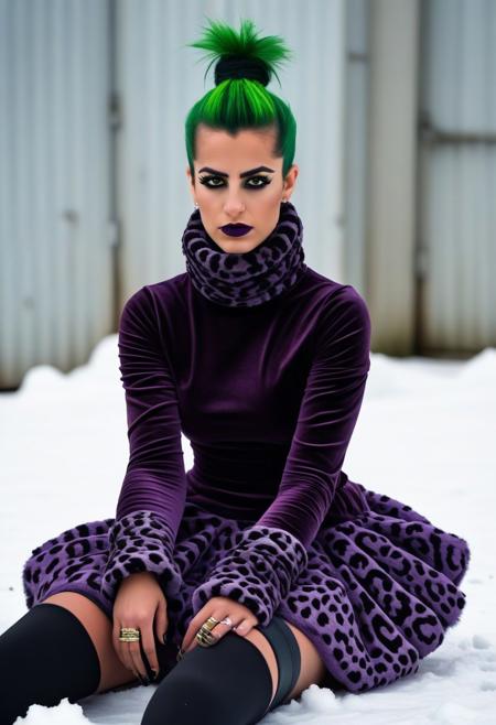 The image is a photograph of a young person with a punk aesthetic, taken outdoors on a snowy day. The individual has bright green hair styled in two high buns on top of the head, with the ends sticking out in a spiky manner. They have a nose piercing and wear a leopard print scarf around their neck. Their makeup is heavy, featuring dark eyeliner and lipstick, giving them a bold, dramatic look. The image is a photograph of a person standing in a modern, well-lit living space with a minimalist interior. The subject is a person with a dark complexion, dressed in a stylish outfit. They are wearing a long-sleeve, off-the-shoulder, olive-green top with a ruched, voluminous skirt in the same color. The skirt's texture is bunched and layered, giving it a dramatic, textured appearance. This is a photograph featuring a young woman seated on the floor, posed in a relaxed, contemplative manner. She is dressed in a luxurious, deep purple velvet coat adorned with intricate, white, swirling patterns that resemble baroque designs. The coat has a fitted silhouette with long sleeves and a high collar, which is covered in a thick, fluffy layer of lavender faux fur.